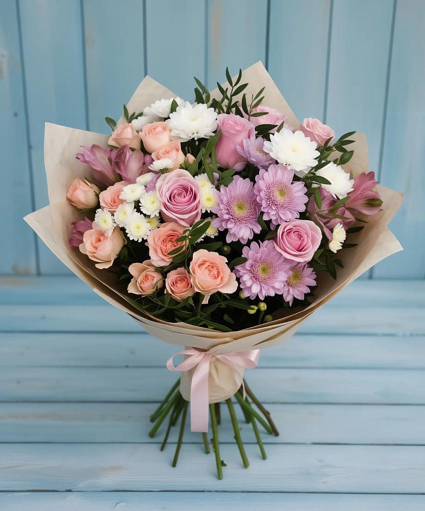 Букет цветов из: Хризантемы, Розы и Альстромерии в Бобровский