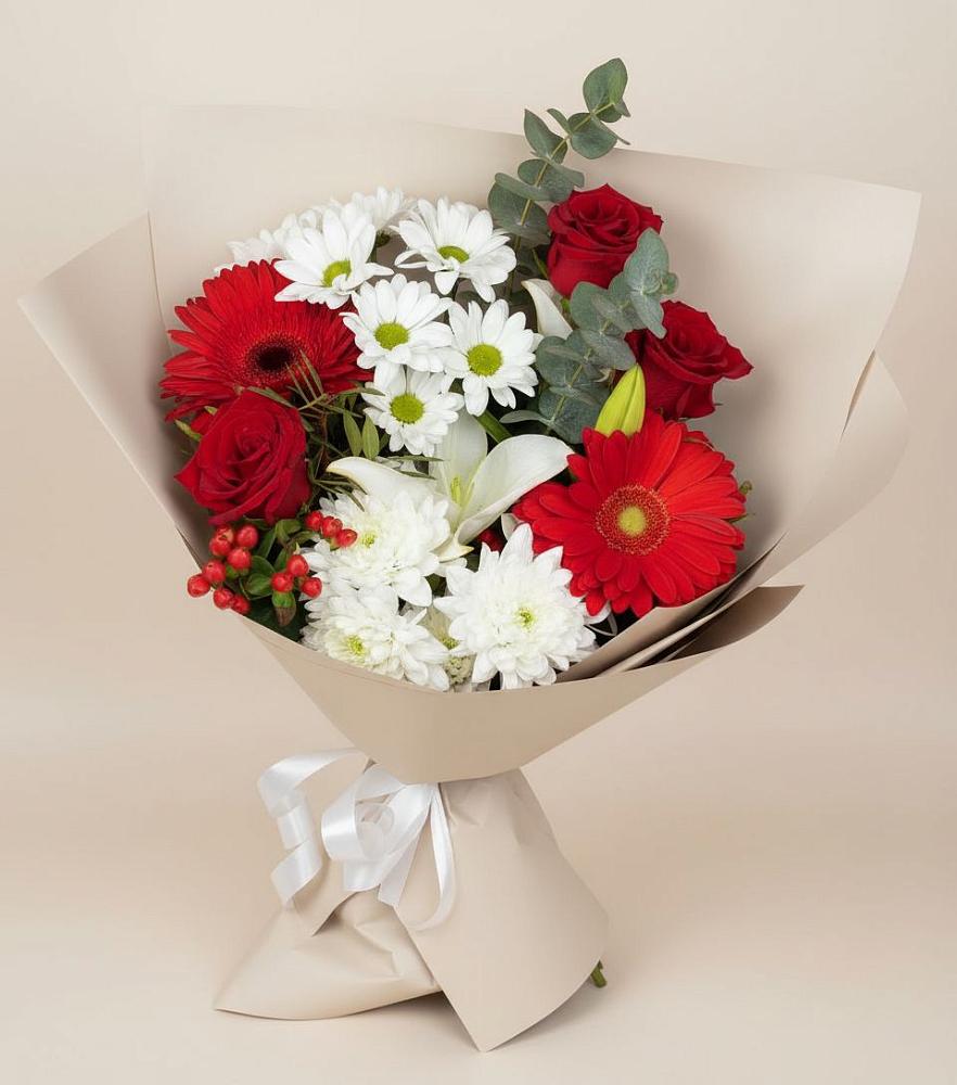 Букет цветов из: Розы, Хризантемы, Герберы и Лилии в Бобровский