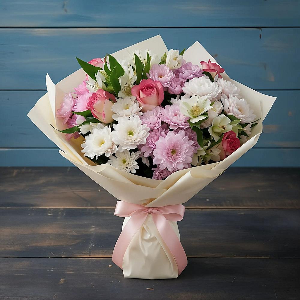 Букет цветов из: Хризантемы, Альстромерии и Розы в Бобровский